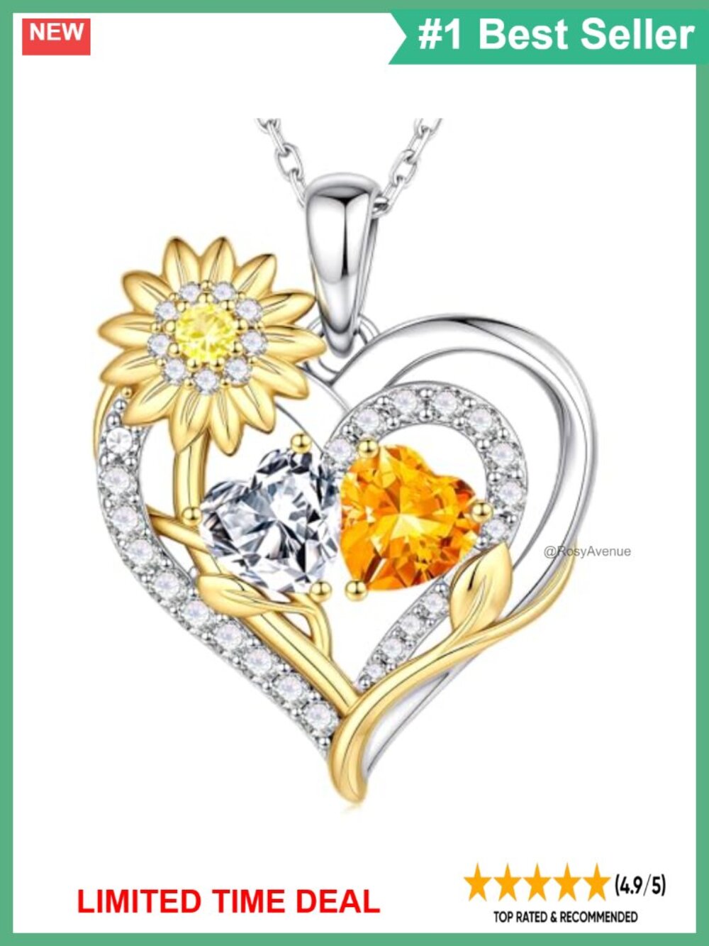 925 Sterling Silver Double Heart Sunflower Pendant Necklace 19+2"